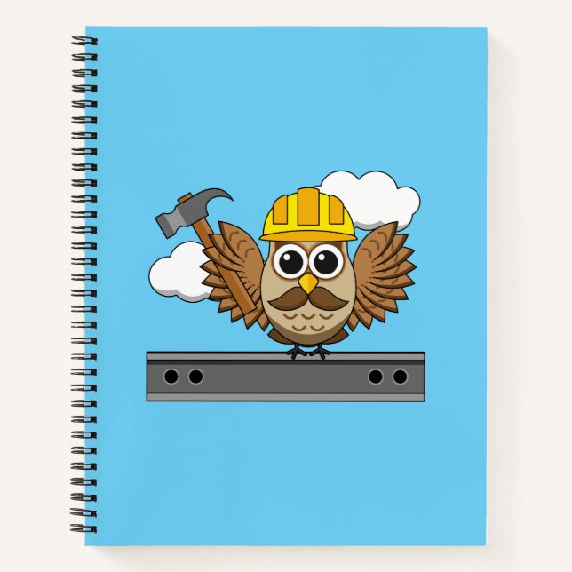 Niedliches Bauarbeiter-Owl mit Hard Hat Cartoon Notizbuch (Vorderseite)