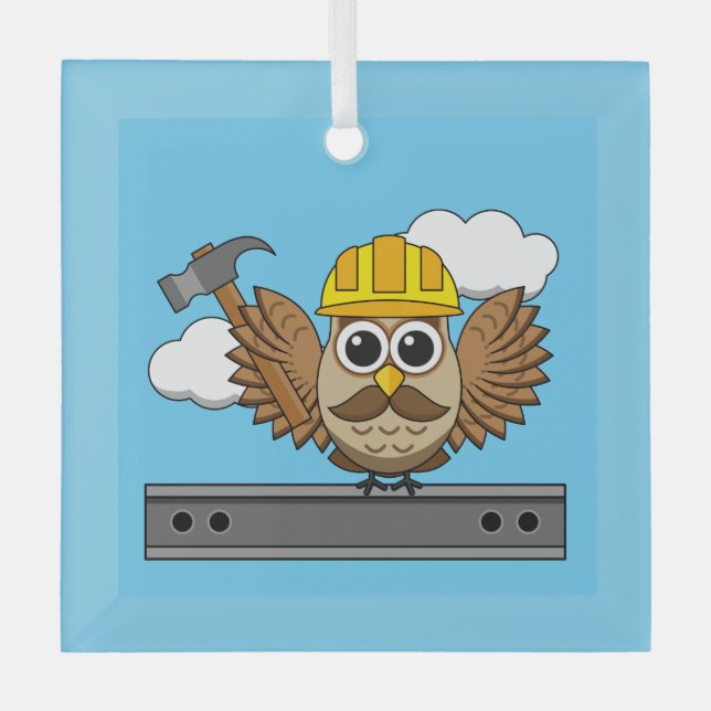 Niedliches Bauarbeiter-Owl mit Hard Hat Cartoon Ornament Aus Glas (Vorderseite)