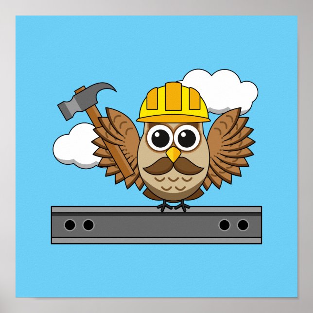 Niedliches Bauarbeiter-Owl mit Hard Hat Cartoon Poster (Vorne)