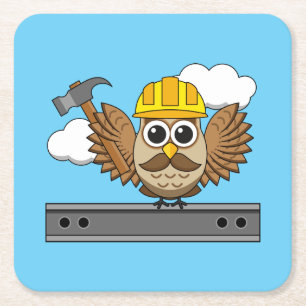 Niedliches Bauarbeiter-Owl mit Hard Hat Cartoon Rechteckiger Pappuntersetzer