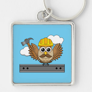 Niedliches Bauarbeiter-Owl mit Hard Hat Cartoon Schlüsselanhänger