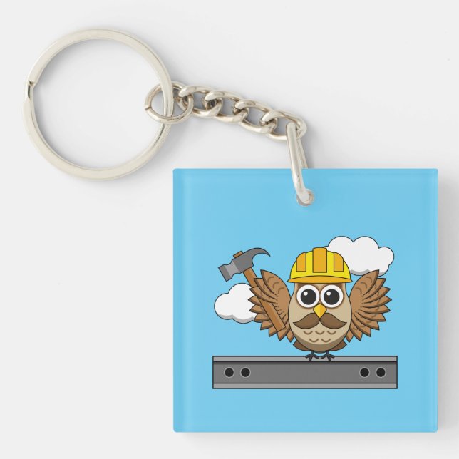 Niedliches Bauarbeiter-Owl mit Hard Hat Cartoon Schlüsselanhänger (Vorderseite)