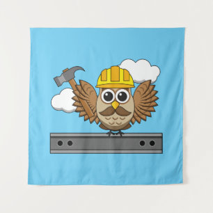 Niedliches Bauarbeiter-Owl mit Hard Hat Cartoon Wandteppich