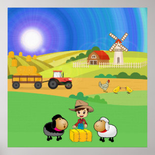 Niedliches Bauernhaus, Schafe und Küken Poster