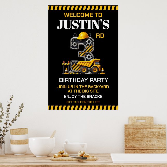 Niedliches Baugewerbe 3. Geburtstag Party Poster (Küche)
