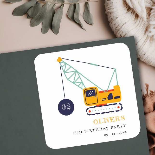 Niedliches Baukranfahrzeug jeden Geburtstag Quadratischer Aufkleber (Von Creator hochgeladen)