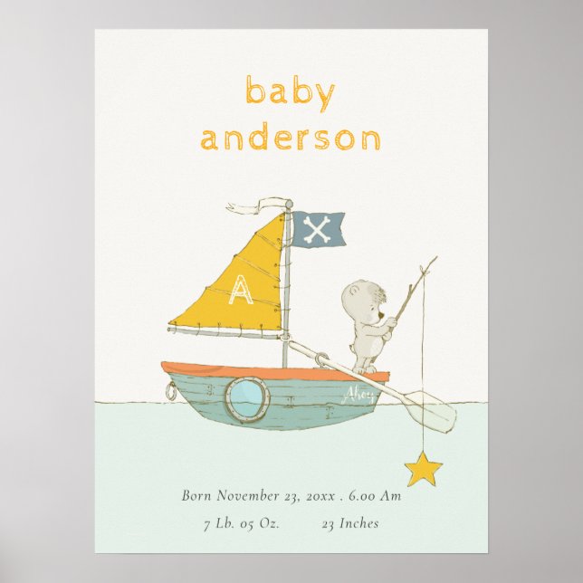 Niedliches Bear Star Sailboat Kids Monogram Baby Poster (Vorne)