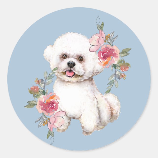 Niedliches Bichon Frise mit Blume Wasserfarbe Kuns Runder Aufkleber (Vorderseite)