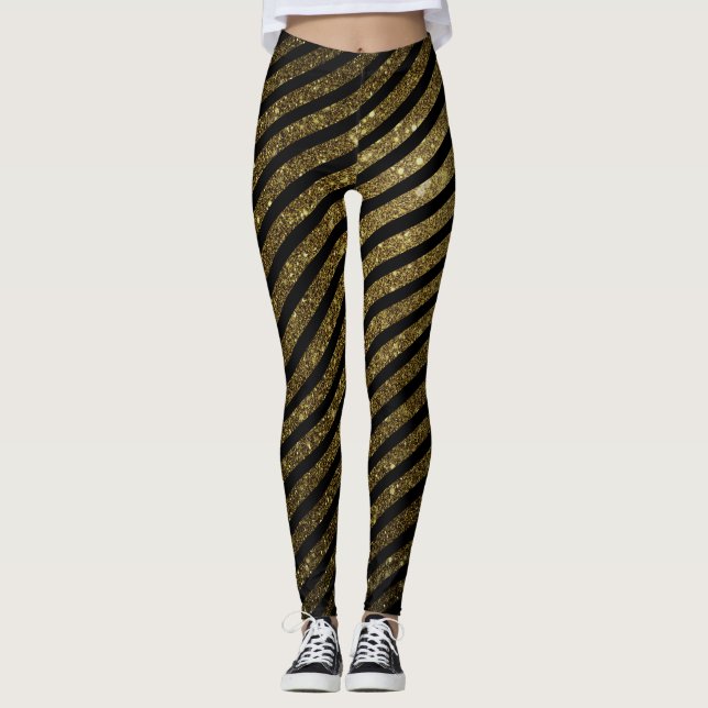 Niedliches Black Gold Candy Strip Glitzer Muster Leggings (Vorderseite)
