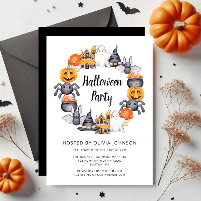 Niedliches Black Happy Halloween Illustration Part Einladung (Cute Black Happy Halloween Illustration Party Invitation)