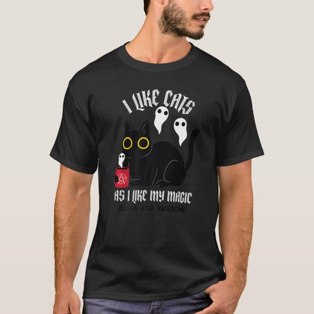 Niedliches Black Kitty Witchy T-Shirt mit Ghosts B (Vorderseite)