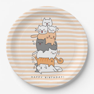 Niedliches Blatt Katzen Happy Birthday Pappteller