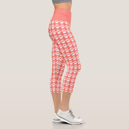 Niedliches Blatt Korallenweiße Muster Trendy Fitne Capri Leggings