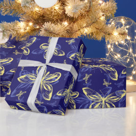 Niedliches Blau und Gelb Schmetterling Illustriert Geschenkpapier