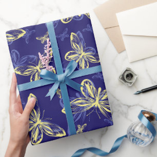Niedliches Blau und Gelb Schmetterling Illustriert Geschenkpapier