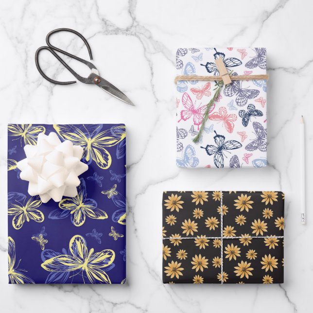 Niedliches Blau und Gelb Schmetterling Illustriert Geschenkpapier Set (Vorderseite)