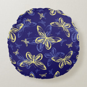 Niedliches Blau und Gelb Schmetterling Illustriert Rundes Kissen