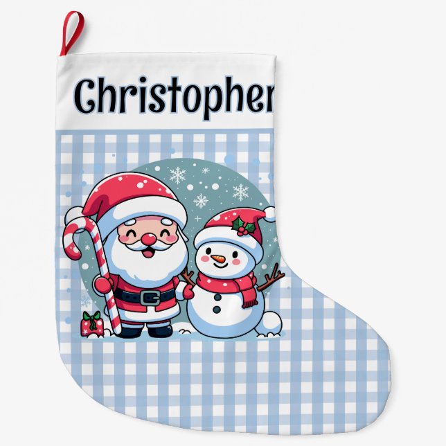 Niedliches Blau und Weiß Gingham Santa und Snowman Großer Weihnachtsstrumpf (Vorderseite)