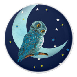Niedliches Blauer Owl mit Mond und Sternen Keramikknauf