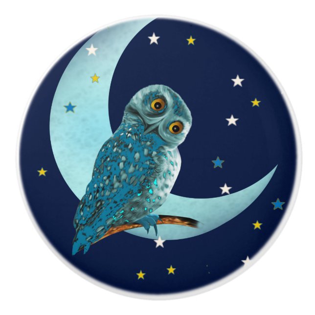 Niedliches Blauer Owl mit Mond und Sternen Keramikknauf (Vorderseite)