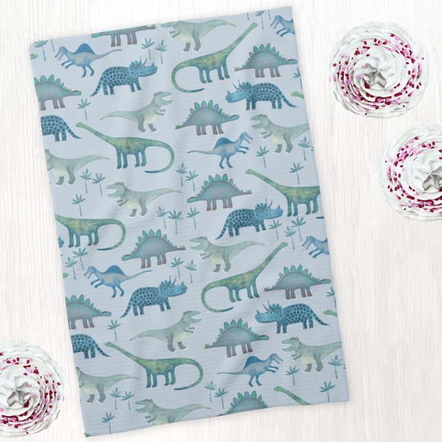 Niedliches Blaues Dinosaurier-Muster Geschirrtuch (Blue dinosaur art kitchen tea towel)