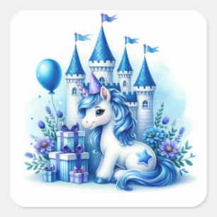 Niedliches Blaues Einhorn und Märchenschloss Quadratischer Aufkleber