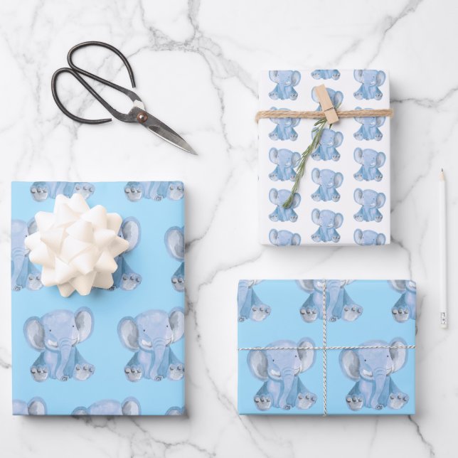 Niedliches blaues Elephant Wrapping Paper-Set Geschenkpapier Set (Vorderseite)