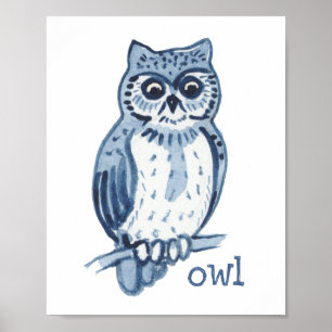 Niedliches Blaues Eule Wasserfarbe Tierart wild Poster