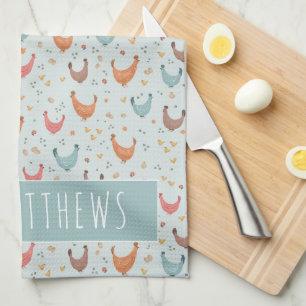 Niedliches Blaues Familienname Hühnerbaummuster Geschirrtuch
