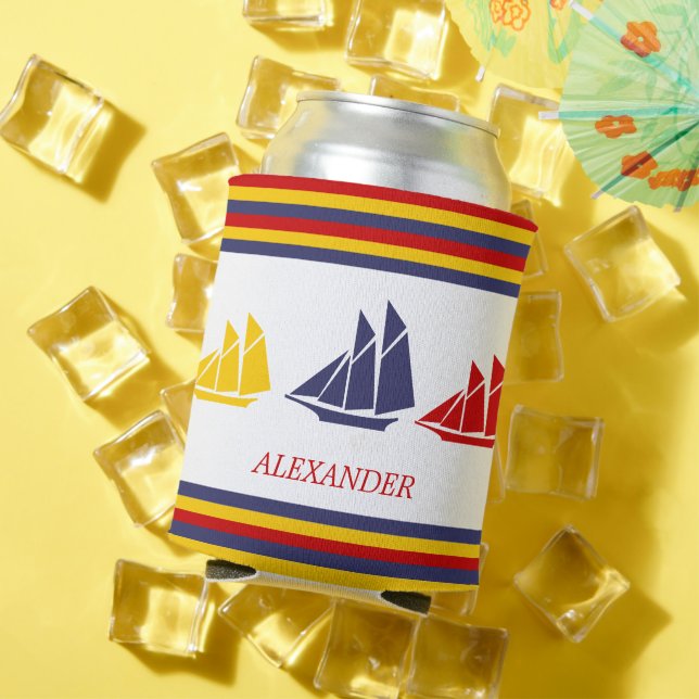 Niedliches blaues gelbes Segelboot Stripe nautisch Dosenkühler (In Situ Sommer)