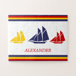 Niedliches blaues gelbes Segelboot Stripe nautisch Puzzle