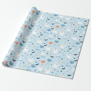 Niedliches blaues Ghost-Halloween mit Personalisie Geschenkpapier