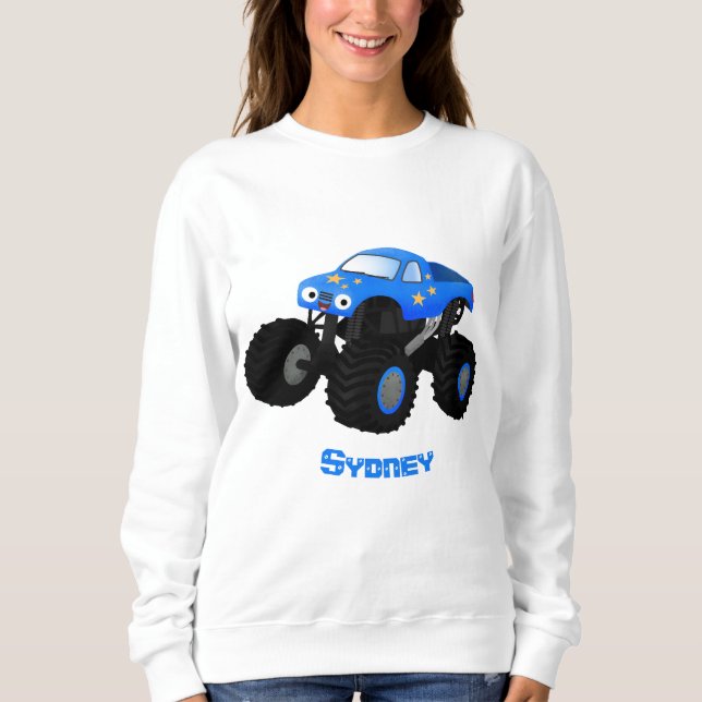 Niedliches blaues Monster-LKW-Cartoon Sweatshirt (Vorderseite)