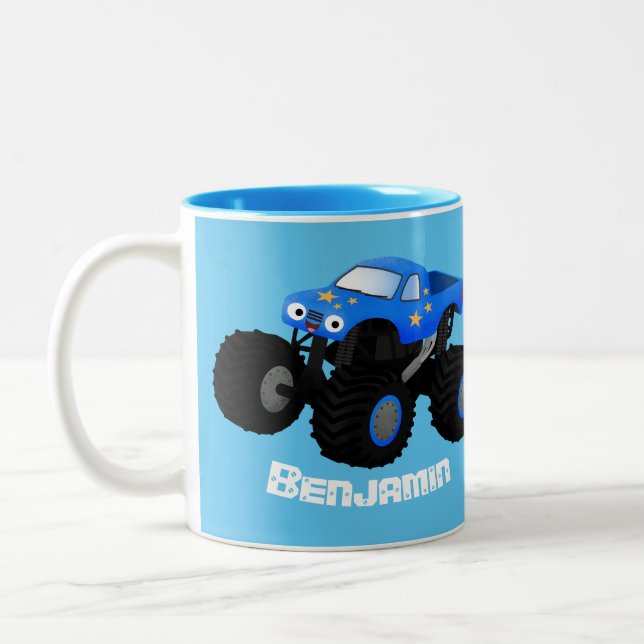 Niedliches blaues Monster-LKW-Cartoon Zweifarbige Tasse (Links)
