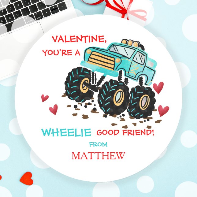 Niedliches Blaues Monster Truck Schule Valentine Runder Aufkleber (Cute Blue Monster Truck School Valentine Classic Round Sticker)