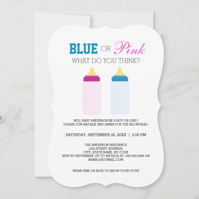 Niedliches blaues oder rosa Baby Flasche Geschlech Einladung (Vorderseite)