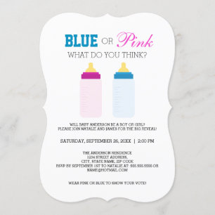 Niedliches blaues oder rosa Baby Flasche Geschlech Einladung