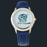 Niedliches Blaues Ohr Armbanduhr<br><div class="desc">Eine stilvolle benutzerdefinierte Uhr zeigt eine süße Vektorgrafik einer Eule,  die auf einem Baumzweig auf einem Polka-Punktmuster-Hintergrund steht. Babystar Design unter mygrafico.com</div>