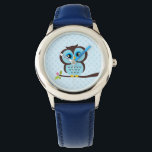 Niedliches Blaues Ohr Armbanduhr<br><div class="desc">Eine stilvolle benutzerdefinierte Uhr zeigt eine süße Vektorgrafik einer Eule, die auf einem Baumzweig auf einem Polka-Punktmuster-Hintergrund steht. Babystar Design unter mygrafico.com</div>