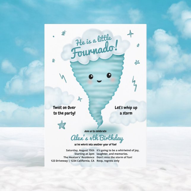 Niedliches blaues Tornado Themenviertel Geburtstag Einladung (Cute blue Tornado Themed 4th Birthday Kids party Invitation)