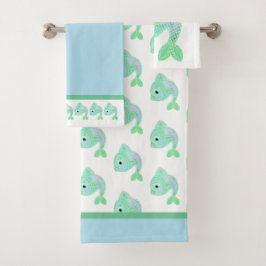 Niedliches blaues und grünes  Badehandtuch Set