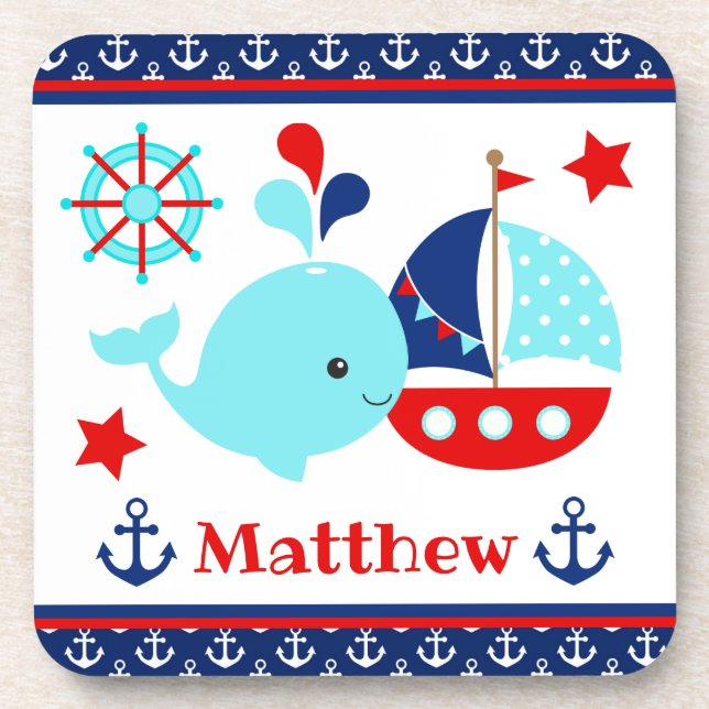 Niedliches blaues Wal- und Ankermuster Getränkeuntersetzer (Vorderseite)