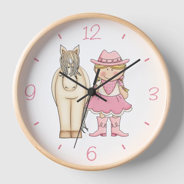 Niedliches Blond Cowgirl und Cream Horse Uhr (Vorderseite)