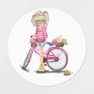 Niedliches Blonde Girl and Pink Bike mit Katze in Etiketten