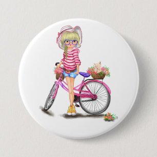 Niedliches Blonde Girl mit rosa Bike und Katze in Button