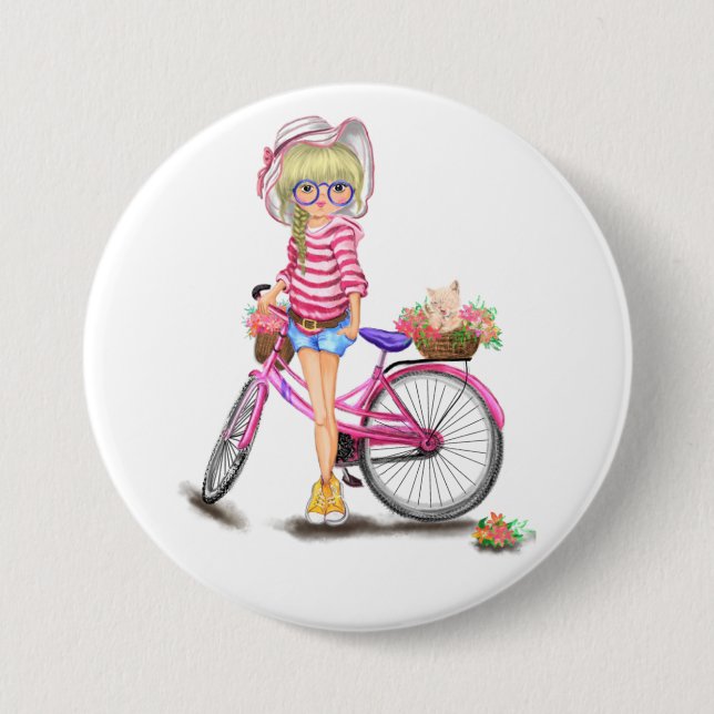 Niedliches Blonde Girl mit rosa Bike und Katze in  Button (Vorderseite)