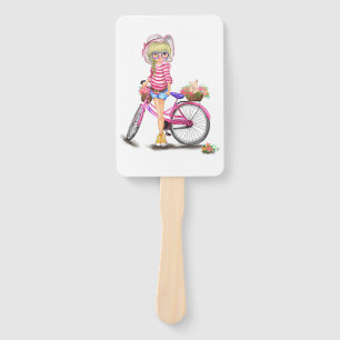 Niedliches Blonde Girl mit rosa Bike und Katze in  Fächer
