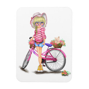 Niedliches Blonde Girl mit rosa Bike und Katze in  Magnet
