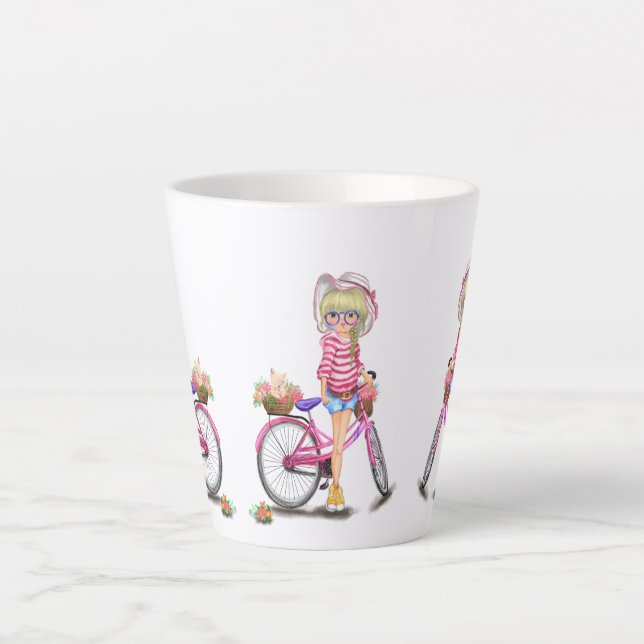 Niedliches Blonde Girl mit rosa Bike und Katze in  Milchtasse (Vorderseite)