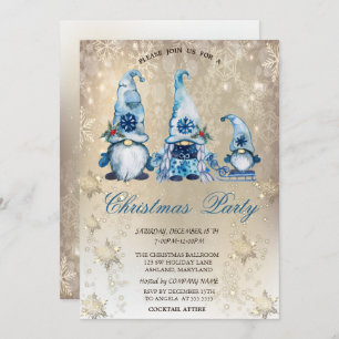 Niedliches Blue Gnomes Snowflakes Gold Party Einladung